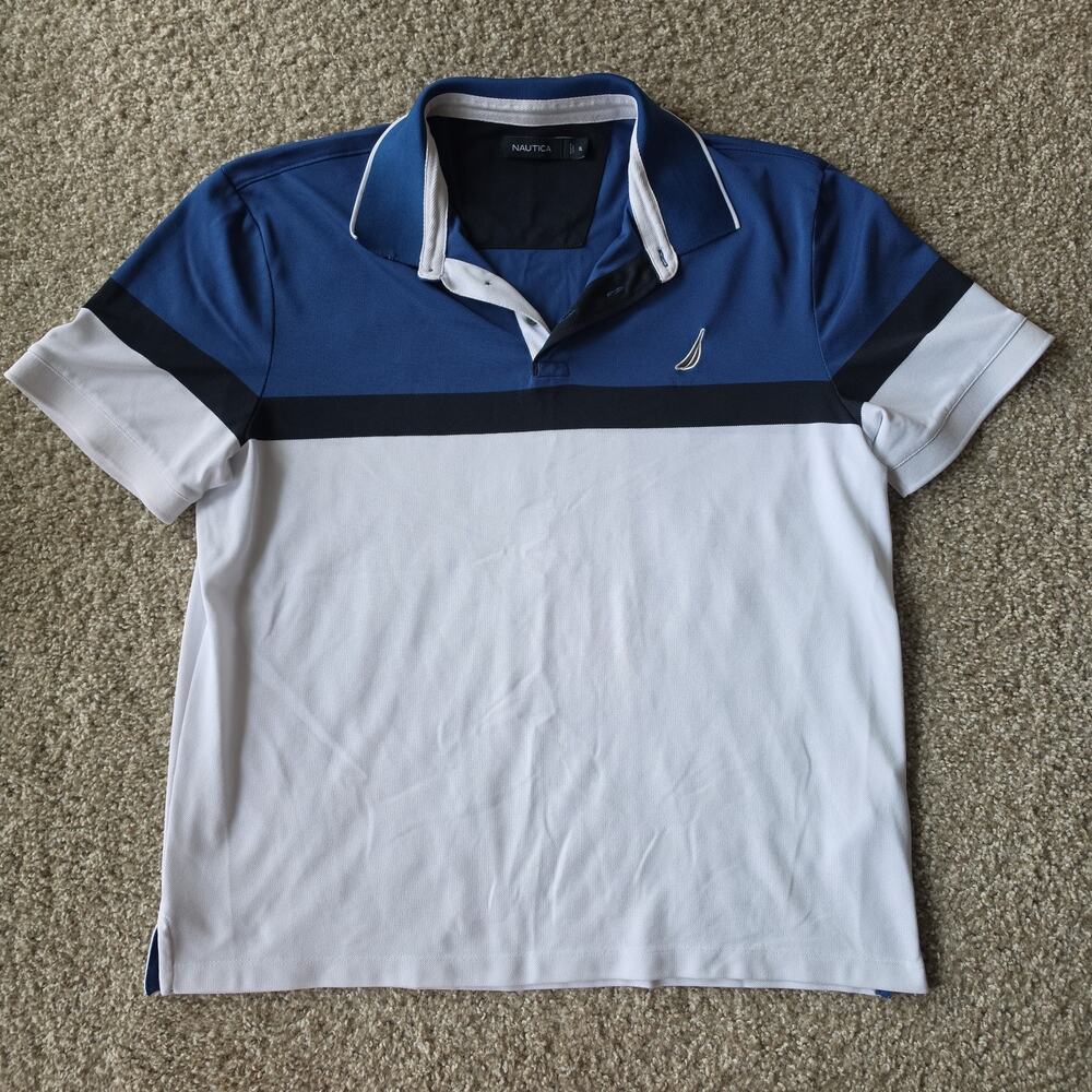 Nautica Mens Button Collar Polo Shirt, Colorblock Blue & White - Sz XL
